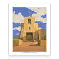 Hand-signed travel Art Print of San Miguel Chapel in Santa Fe, New Mexico with a blue sky and clouds.