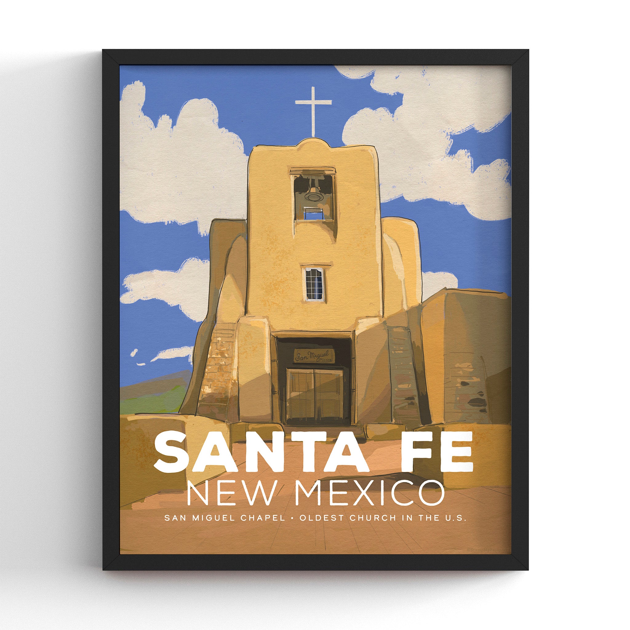 San Miguel Chapel Santa Fe poster in a black frame (frame not included), hand-illustrated vintage travel print, 8x10