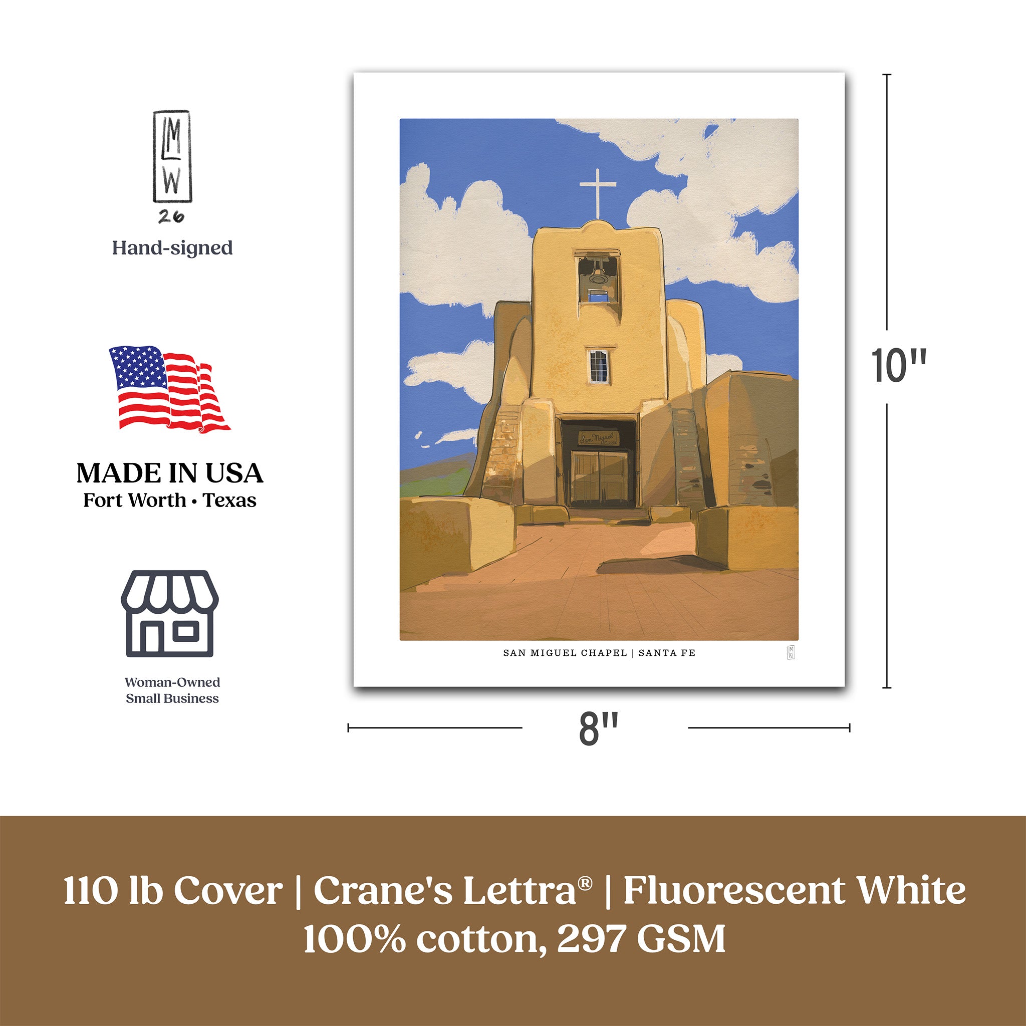 A product information graphic for a Crane's Lettra cotton art print showing San Miguel Chapel in Santa Fe. The graphic displays two print sizes with dimension lines and labels: 8x10 inches and 11x14 inches.
