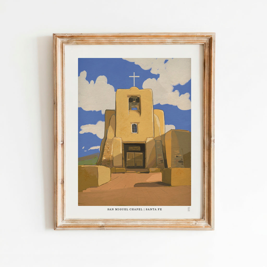 Hand-signed San Miguel Chapel art print from Santa Fe, in a rustic frame (frame not included)