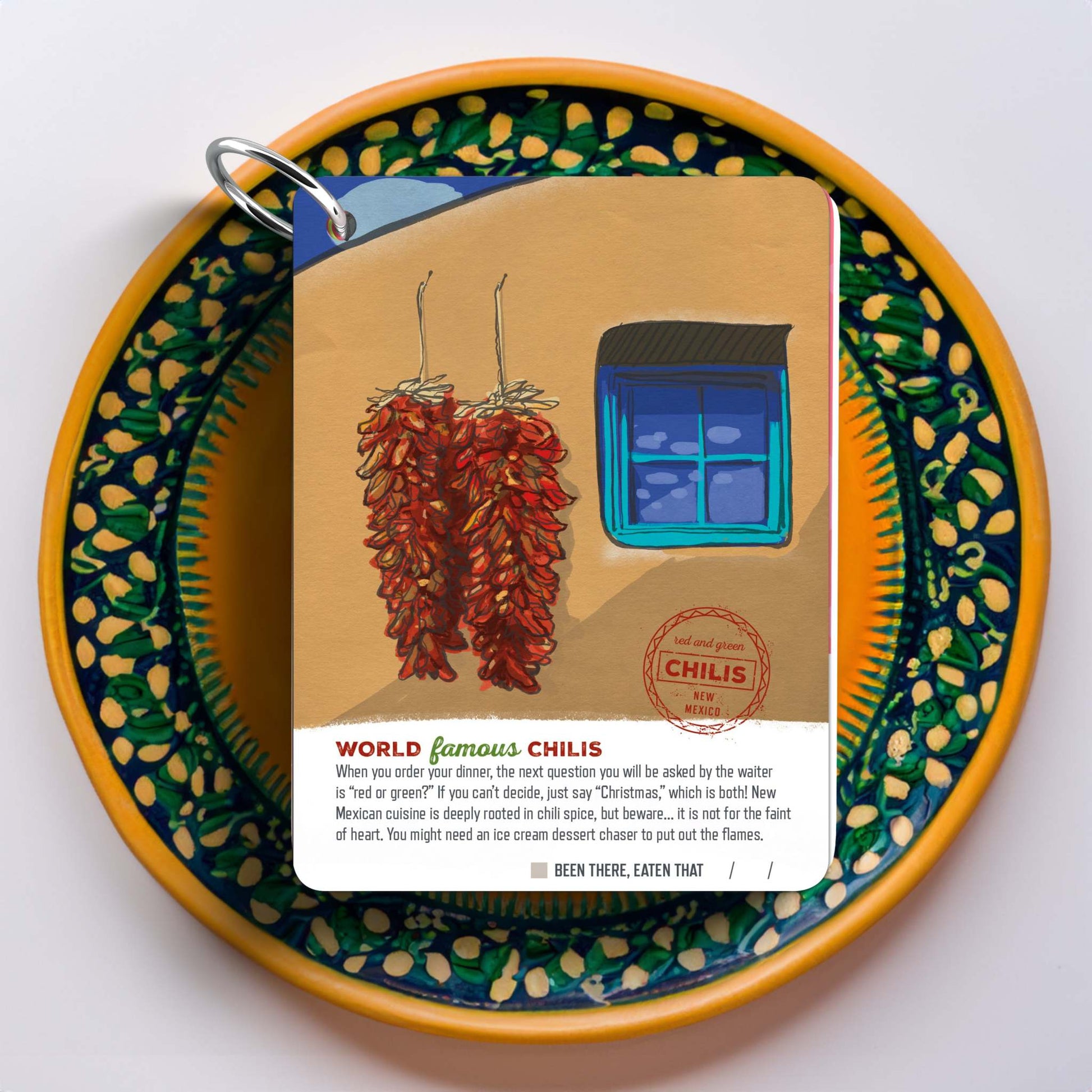 Santa Fe Illustrated Travel Keepsake with chili peppers and window artwork on a decorative plate.