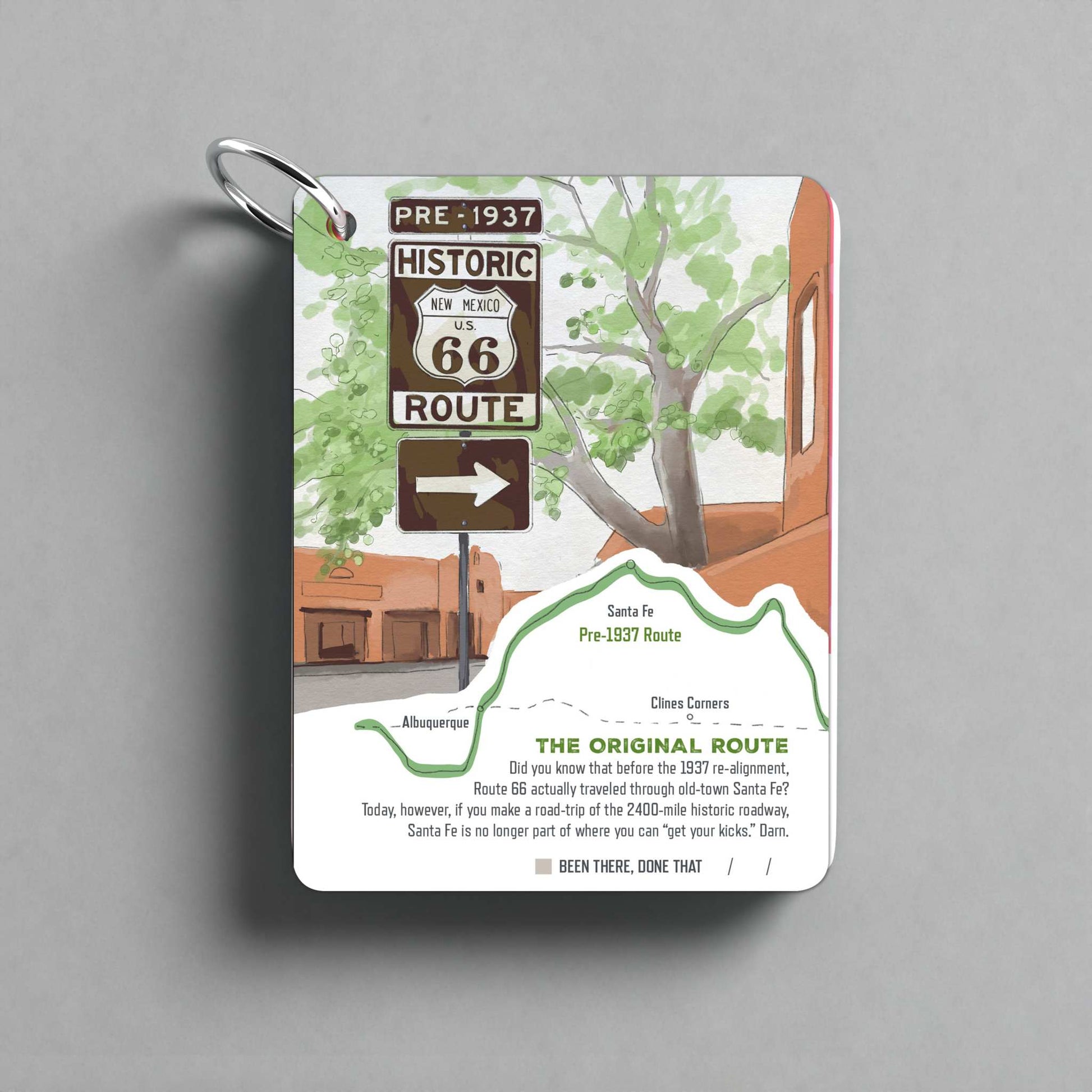 Santa Fe Illustrated Travel Keepsake featuring vibrant local landmarks and Route 66 design.