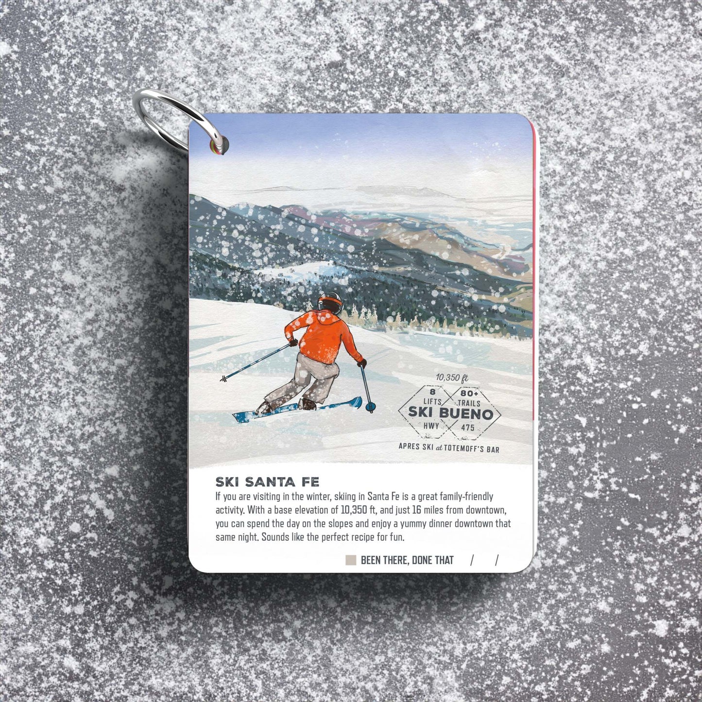 Santa Fe Illustrated Travel Keepsake showing skier and winter landscape.