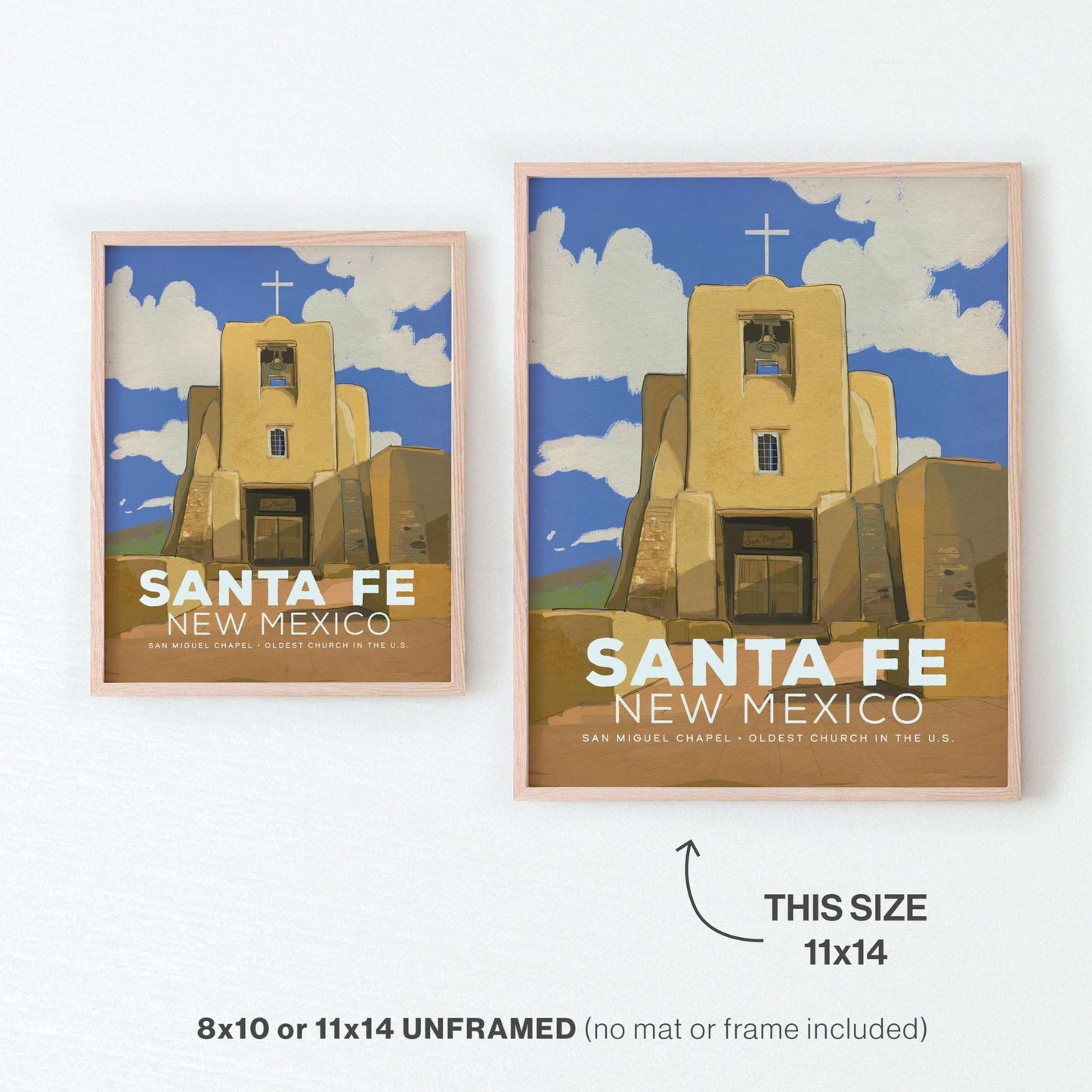 San Miguel Chapel Santa Fe poster featuring vintage illustration of iconic church, available in 8x10 or 11x14 inches, unframed.