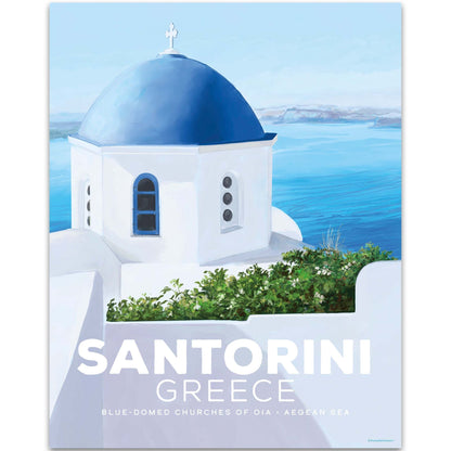 Santorini blue domes 11x14 feature image of art print featuring blue-domed churches of Oia and Aegean Sea.