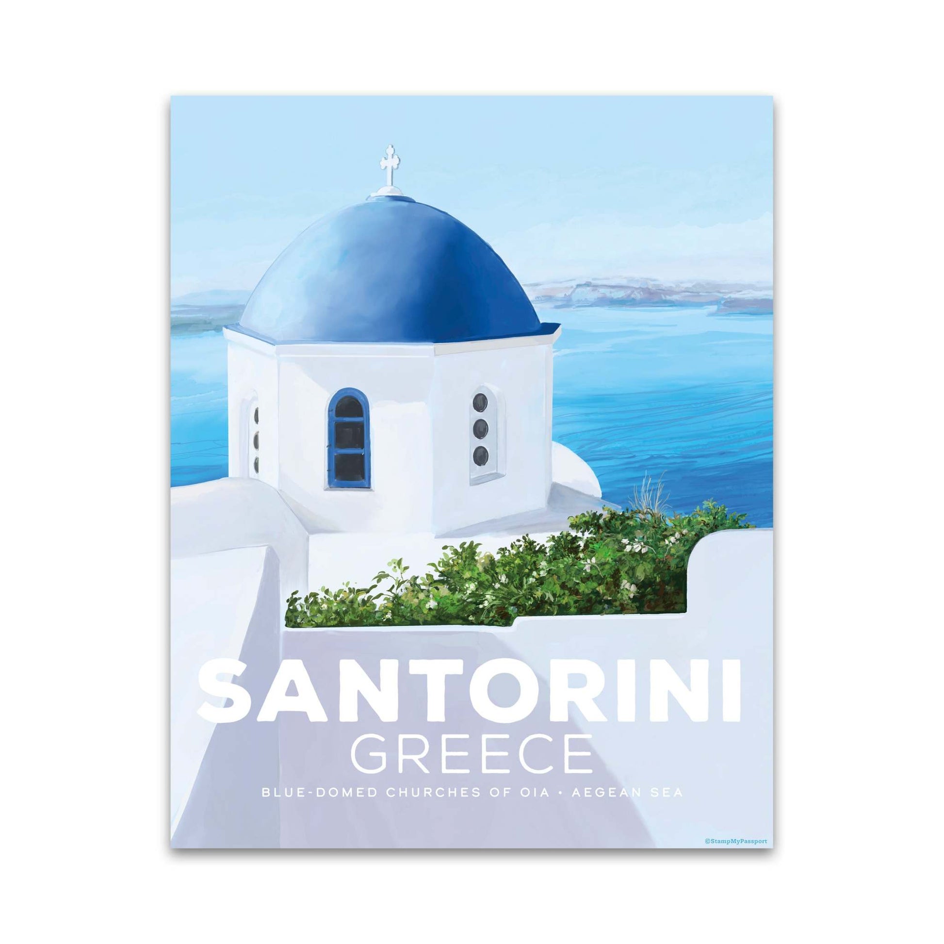 Santorini blue domes 8x10 art print featuring blue-domed churches and Aegean Sea.