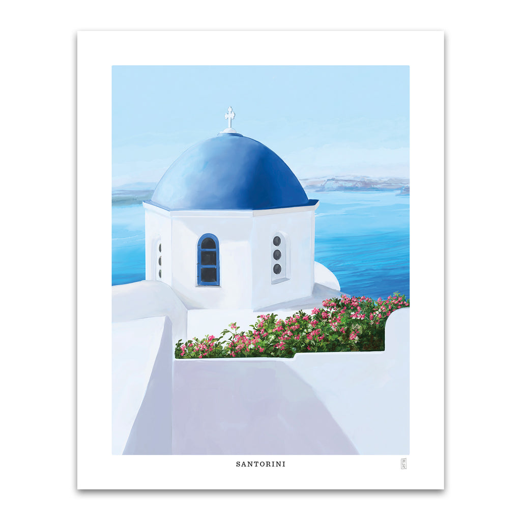Greece Santorini hand-signed art print with a blue-domed church and white buildings.