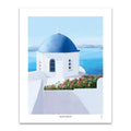 Greece Santorini hand-signed art print with a blue-domed church and white buildings.