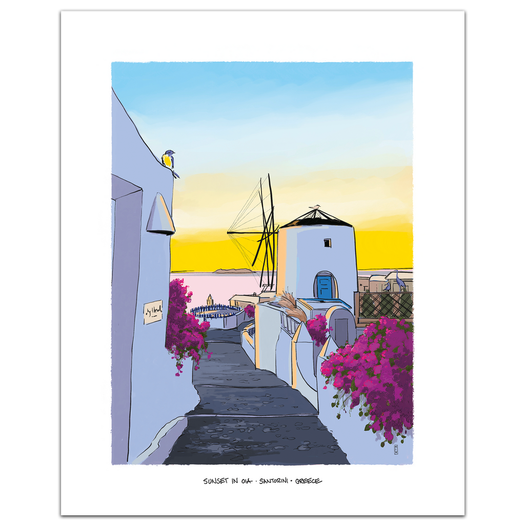 A minimalist art print titled 'SUNSET IN Santorini - Greece' featuring a stylized illustration of a pathway leading to a windmill under a blue and yellow sunset sky, with white buildings and pink bougainvillea flowers, presented on a white background with a subtle drop shadow.