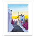 A minimalist art print titled 'SUNSET IN Santorini - Greece' featuring a stylized illustration of a pathway leading to a windmill under a blue and yellow sunset sky, with white buildings and pink bougainvillea flowers, presented on a white background with a subtle drop shadow.