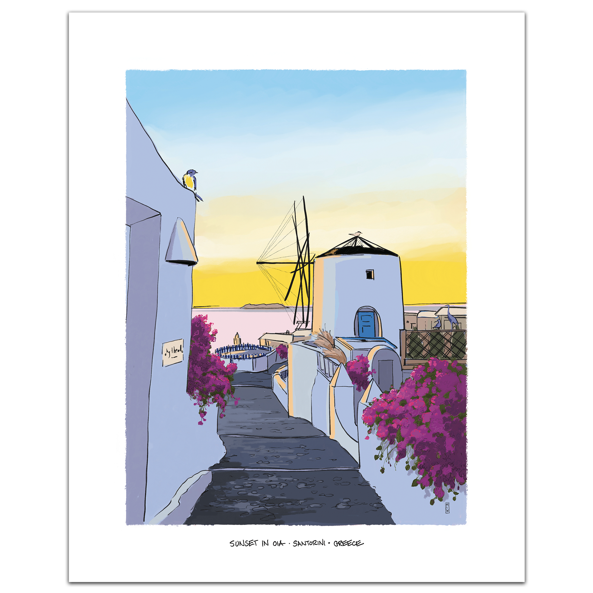 A minimalist art print titled 'SUNSET IN Santorini - Greece' featuring a stylized illustration of a pathway leading to a windmill under a blue and yellow sunset sky, with white buildings and pink bougainvillea flowers, presented on a white background with a subtle drop shadow.