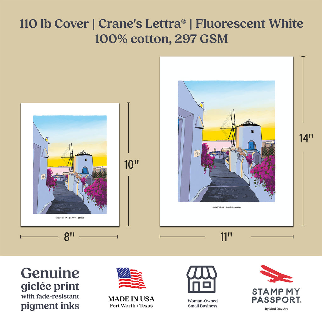 A product information graphic for a 110 lb cover Crane's Lettra print. The cover features a colorful illustration of a Mediterranean village street with white buildings, a windmill, and pink bougainvillea flowers under a yellow and blue sky.