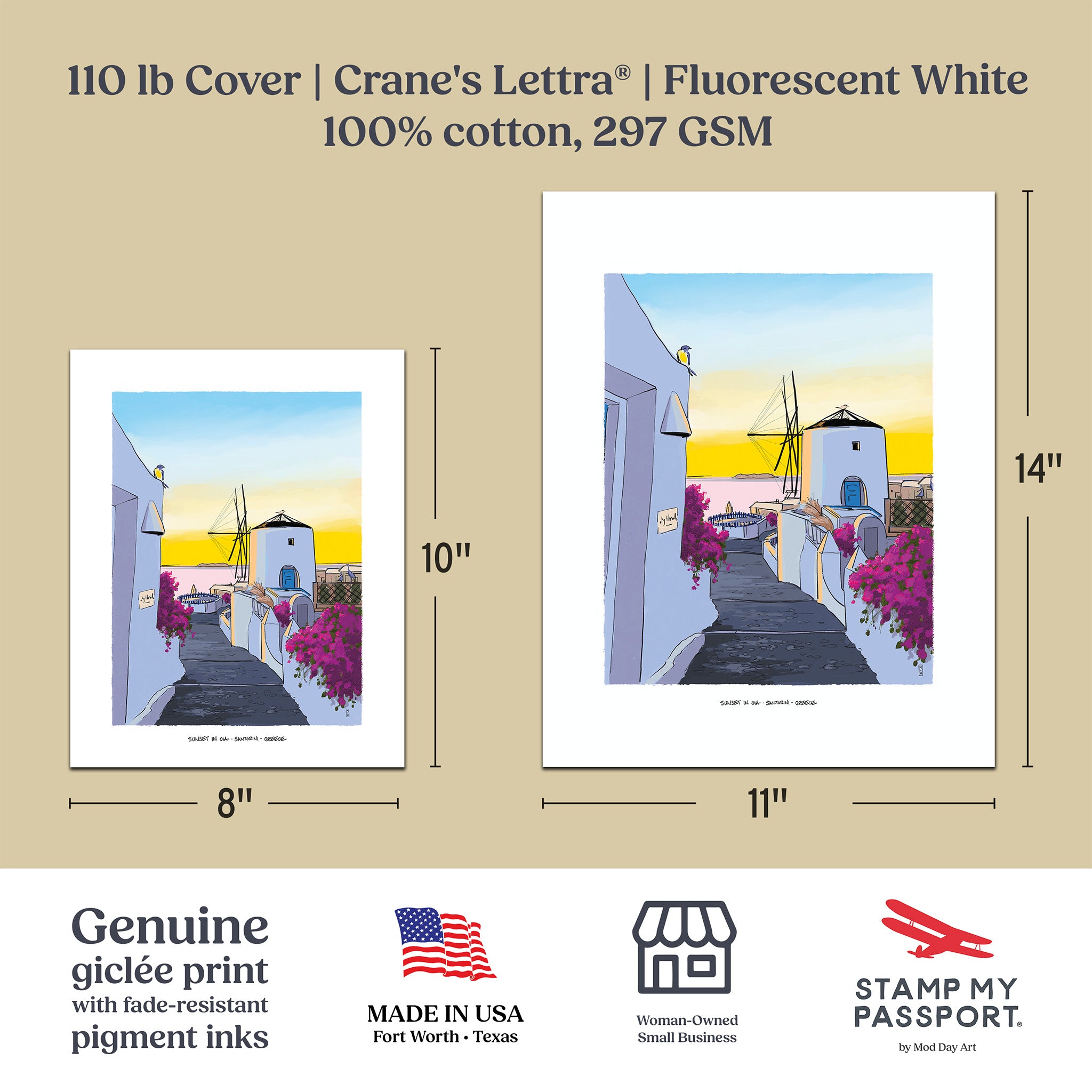 A product information graphic for a 110 lb cover Crane's Lettra print. The cover features a colorful illustration of a Mediterranean village street with white buildings, a windmill, and pink bougainvillea flowers under a yellow and blue sky.