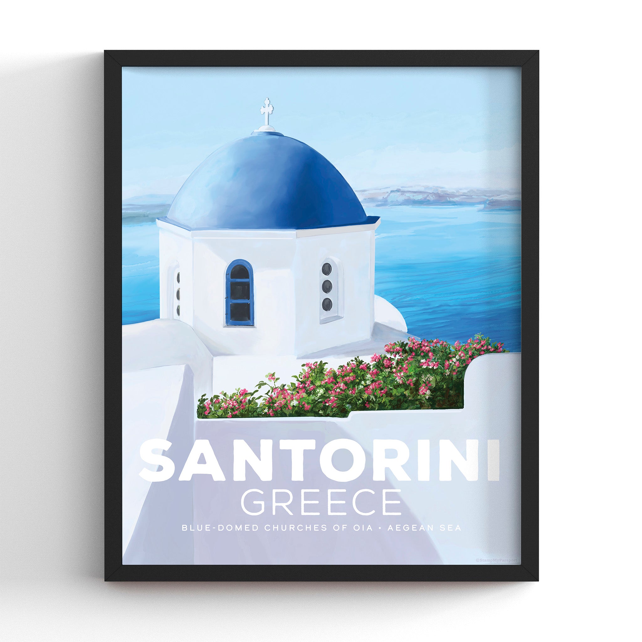 Santorini Blue Domes art print in a black frame (frame not included), hand-illustrated travel wall art, 8x10