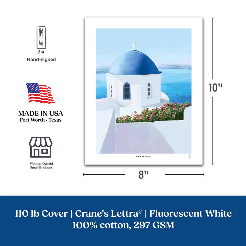 A product information graphic for a Crane's Lettra cotton art print showing Santorini's blue-domed church. The graphic displays two print sizes with dimension lines and labels: 8x10 inches and 11x14 inches.