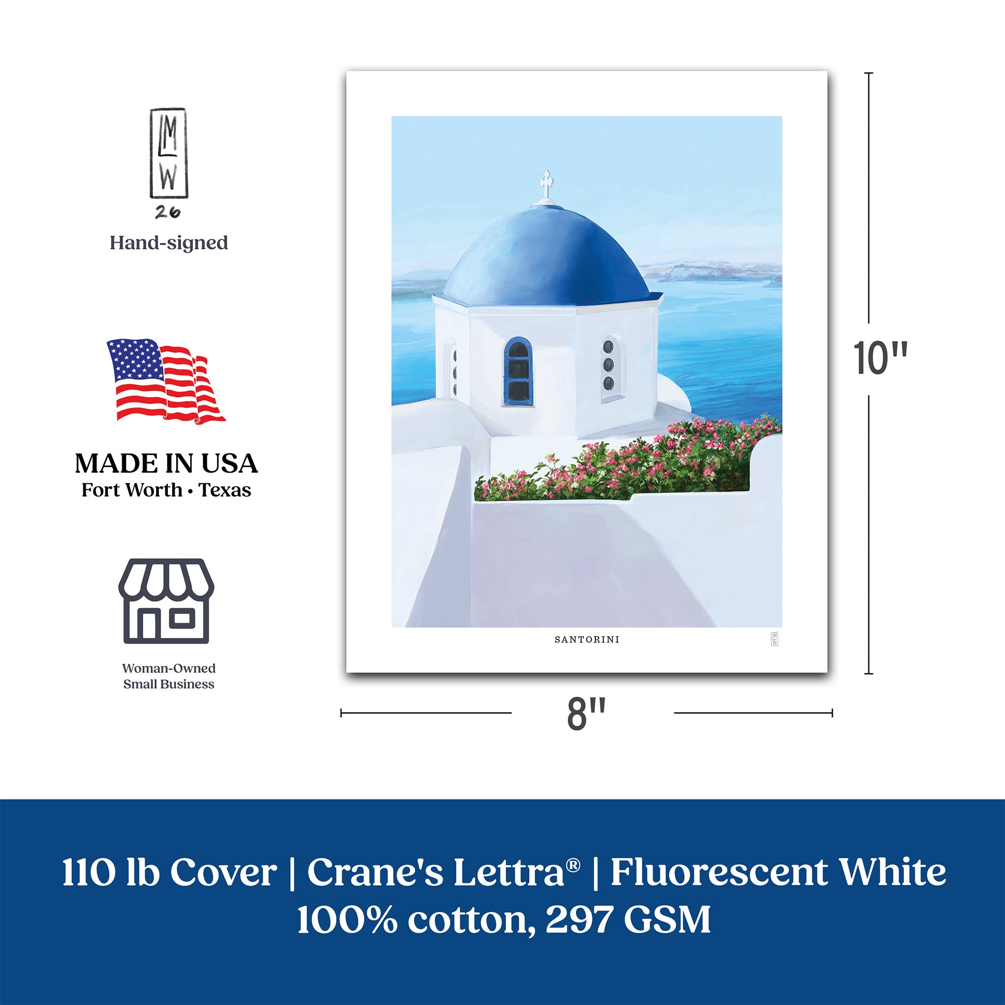 A product information graphic for a Crane's Lettra cotton art print showing Santorini's blue-domed church. The graphic displays two print sizes with dimension lines and labels: 8x10 inches and 11x14 inches.