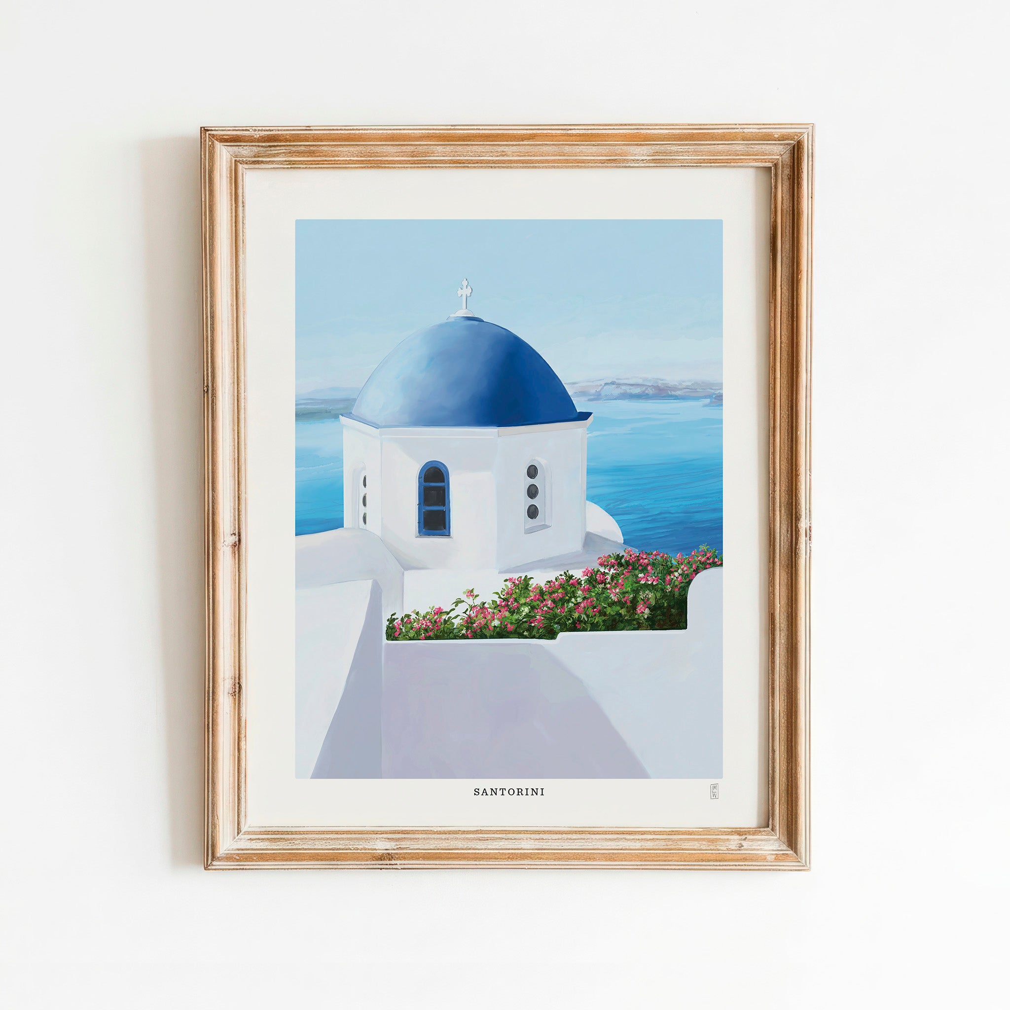 Hand-signed Santorini Blue Domes art print featuring a blue-domed church, in a rustic frame (frame not included)
