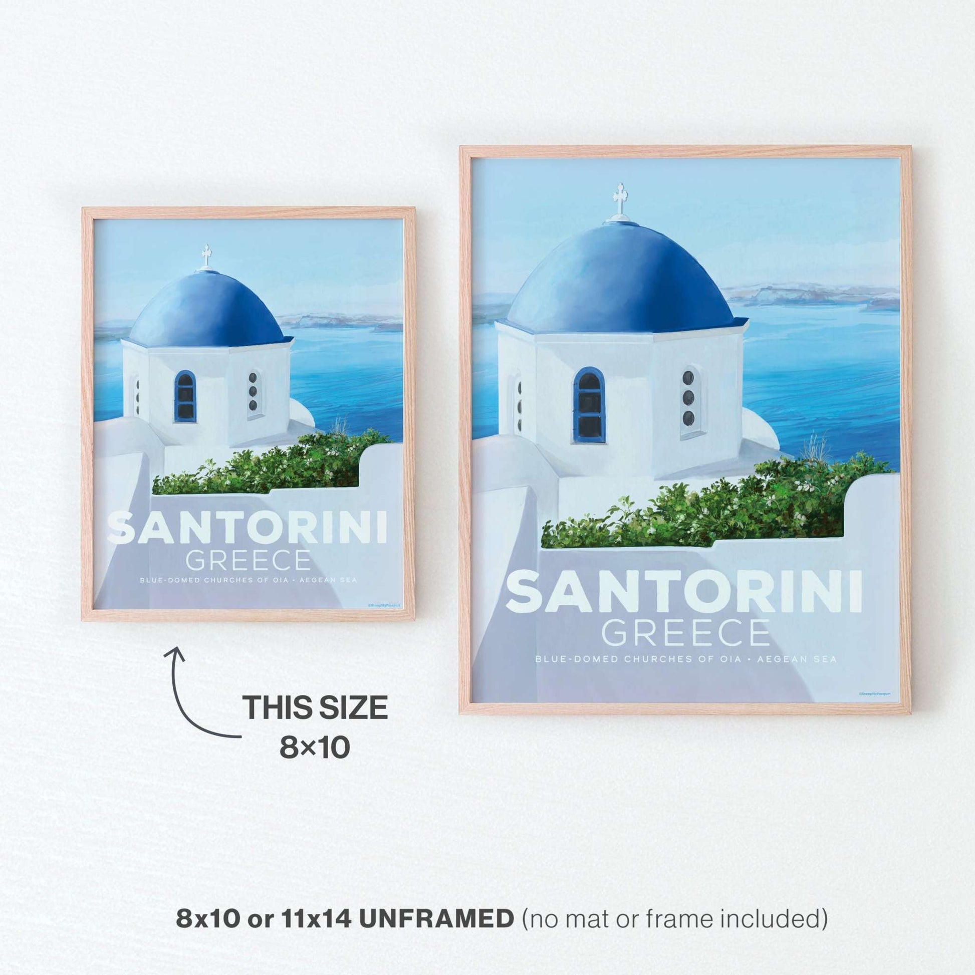 Santorini art print showcasing blue-domed churches against the Aegean Sea, with a size comparison of this size 8x10 to 11x14 variant.