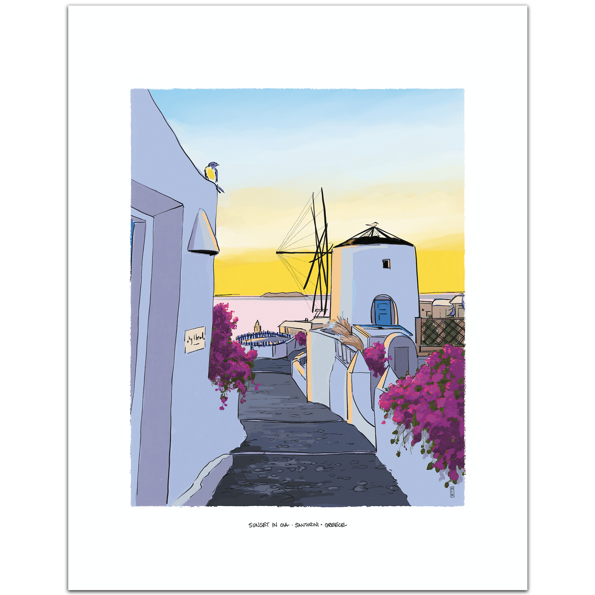 A minimalist art print depicting a scenic coastal village pathway with white-washed buildings, a windmill, and bright pink bougainvillea flowers under a yellow and blue sunset sky, shown with a wide white border.