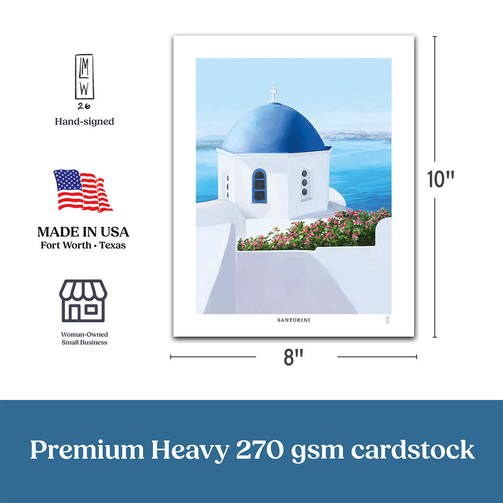 Hand-signed Santorini, Greece art print  of a blue-domed church of Oio with ocean view, dimensions, and cardstock information on a white background.