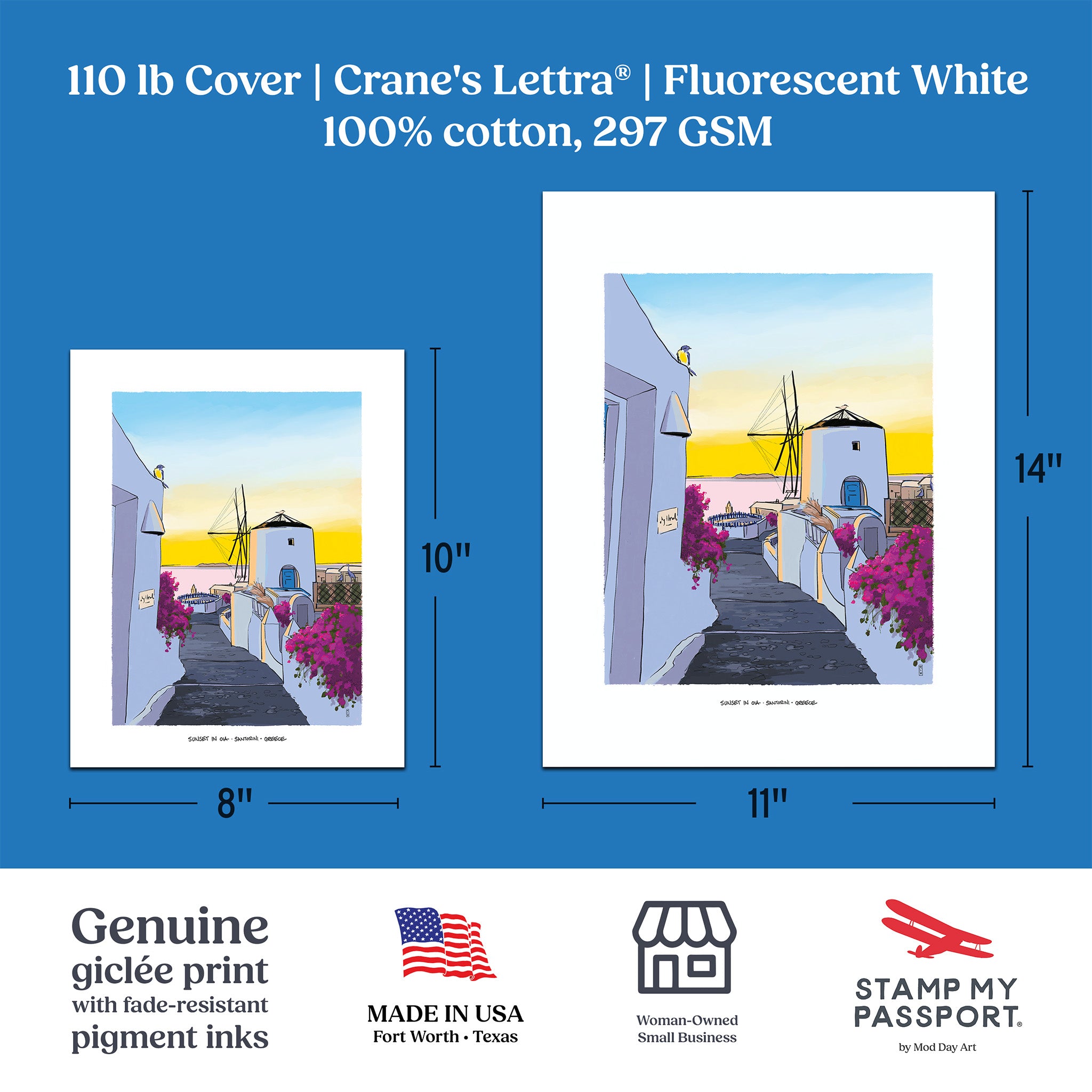 A blue informational graphic showing two framed art prints with dimension labels: one 8 x 10 inch print and one 11 x 14 inch print. The prints depict a Oia Santorini  street scene with white buildings, a windmill, and pink flowers.