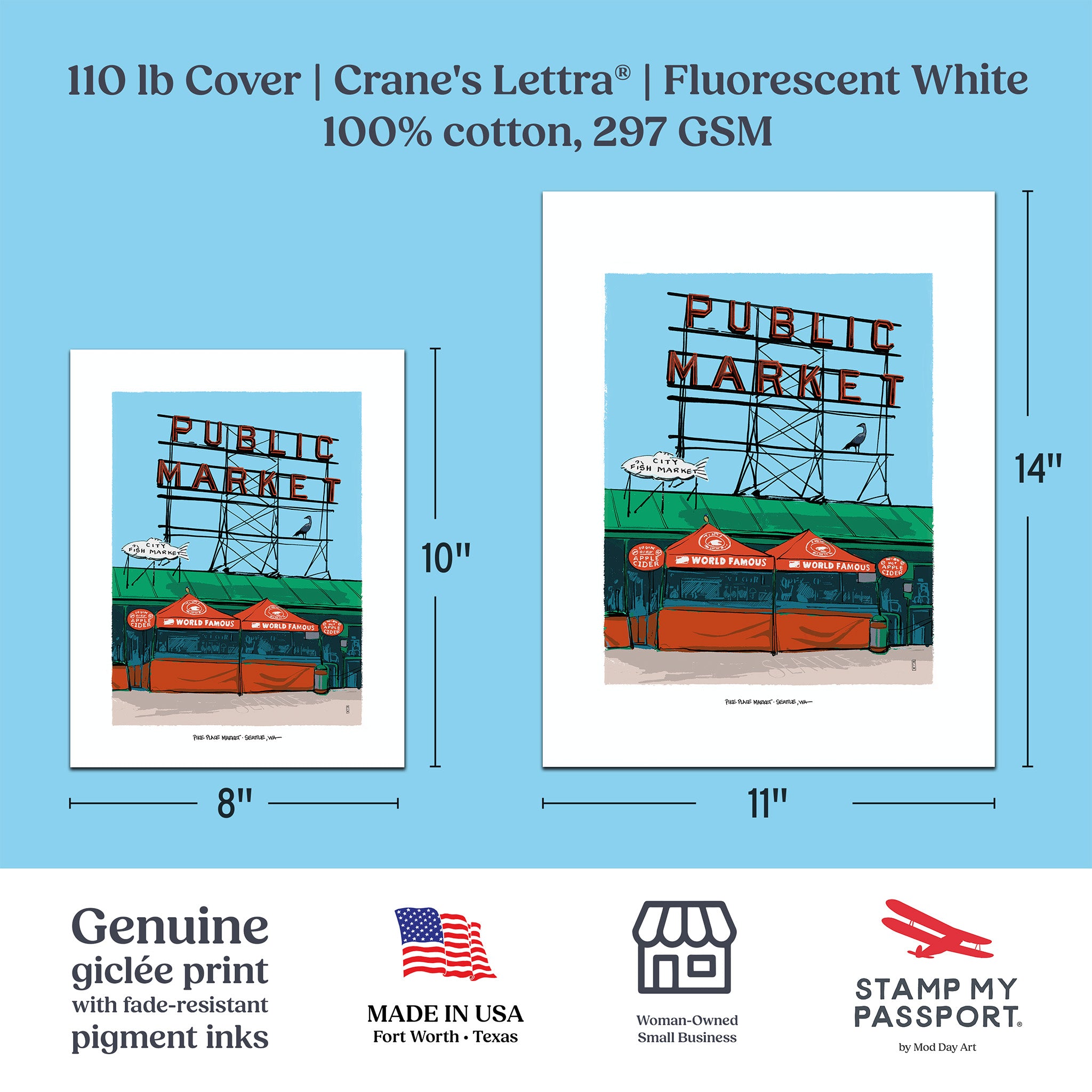 A product information graphic for a Crane's Lettra art print showing two size options with dimension callouts: 8x10 inches and 11x14 inches. The print features a stylized illustration of a 'PUBLIC MARKET' sign in fluorescent white, with green, orange, and blue tones.