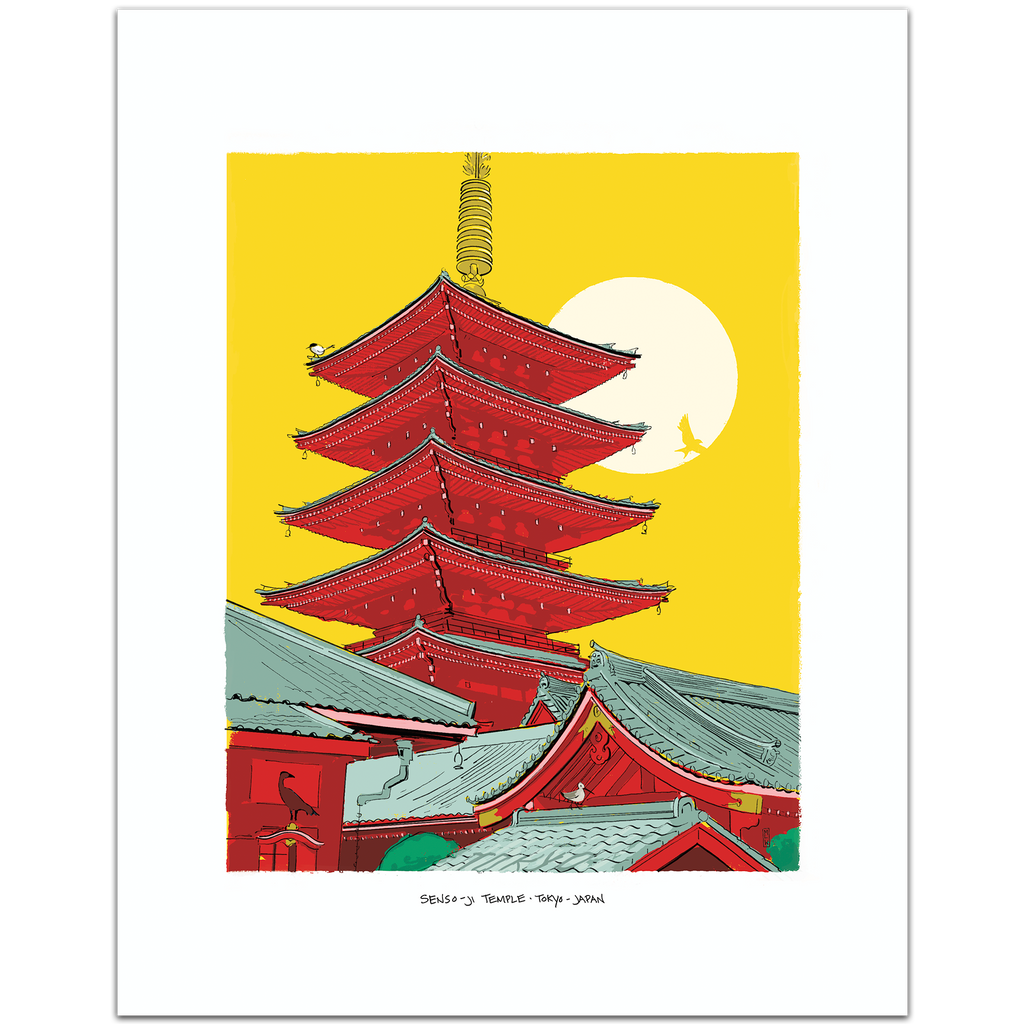A hand-illustrated art print of Senso-ji Temple's five-story pagoda in Asakusa, Tokyo, with layered red roofs against a warm golden sky, framed by a white border.