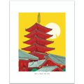 A hand-illustrated art print of Senso-ji Temple's five-story pagoda in Asakusa, Tokyo, with layered red roofs against a warm golden sky, framed by a white border.