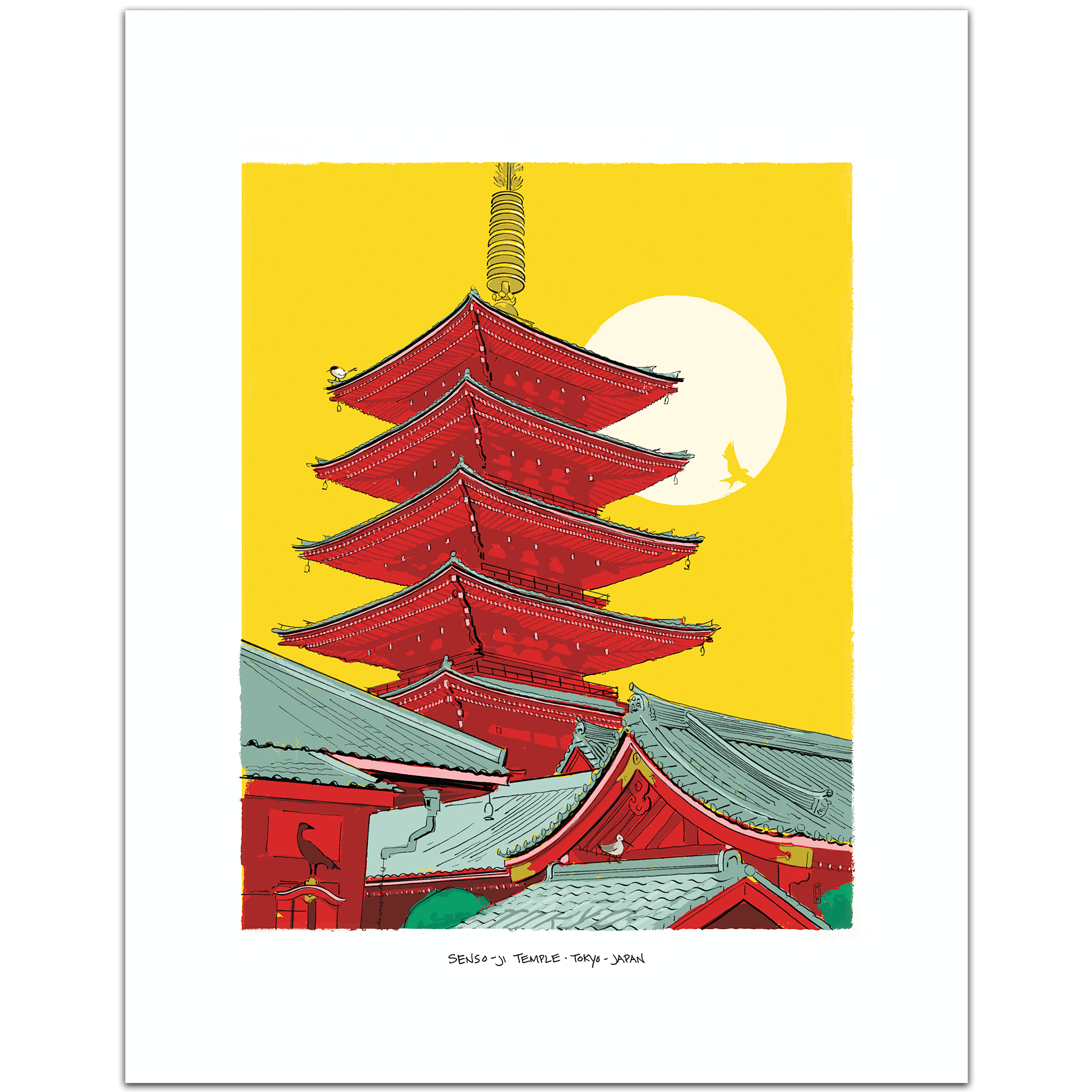 A hand-illustrated art print of Senso-ji Temple's five-story pagoda in Asakusa, Tokyo, with layered red roofs against a warm golden sky, framed by a white border.