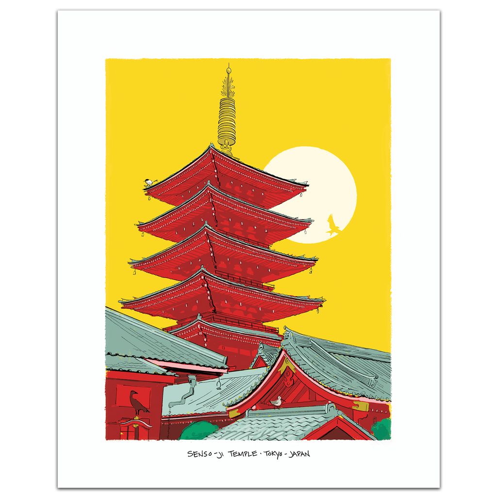A hand-illustrated art print of Senso-ji Temple's five-story pagoda in Asakusa, Tokyo, with layered red roofs against a warm golden sky, framed by a white border.