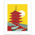 A hand-illustrated art print of Senso-ji Temple's five-story pagoda in Asakusa, Tokyo, with layered red roofs against a warm golden sky, framed by a white border.