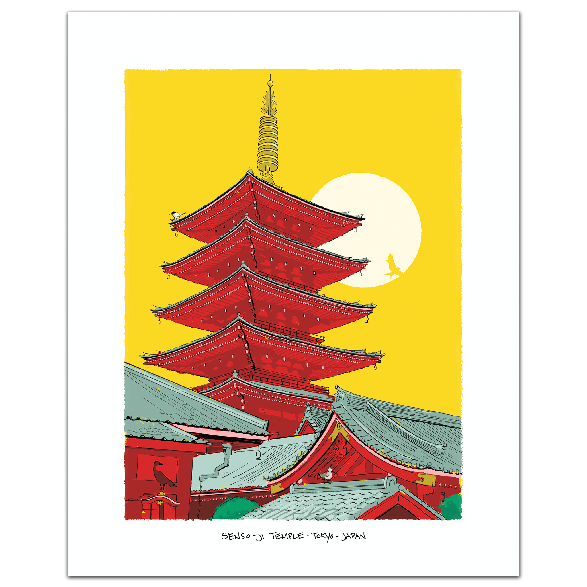 A hand-illustrated art print of Senso-ji Temple's five-story pagoda in Asakusa, Tokyo, with layered red roofs against a warm golden sky, framed by a white border.