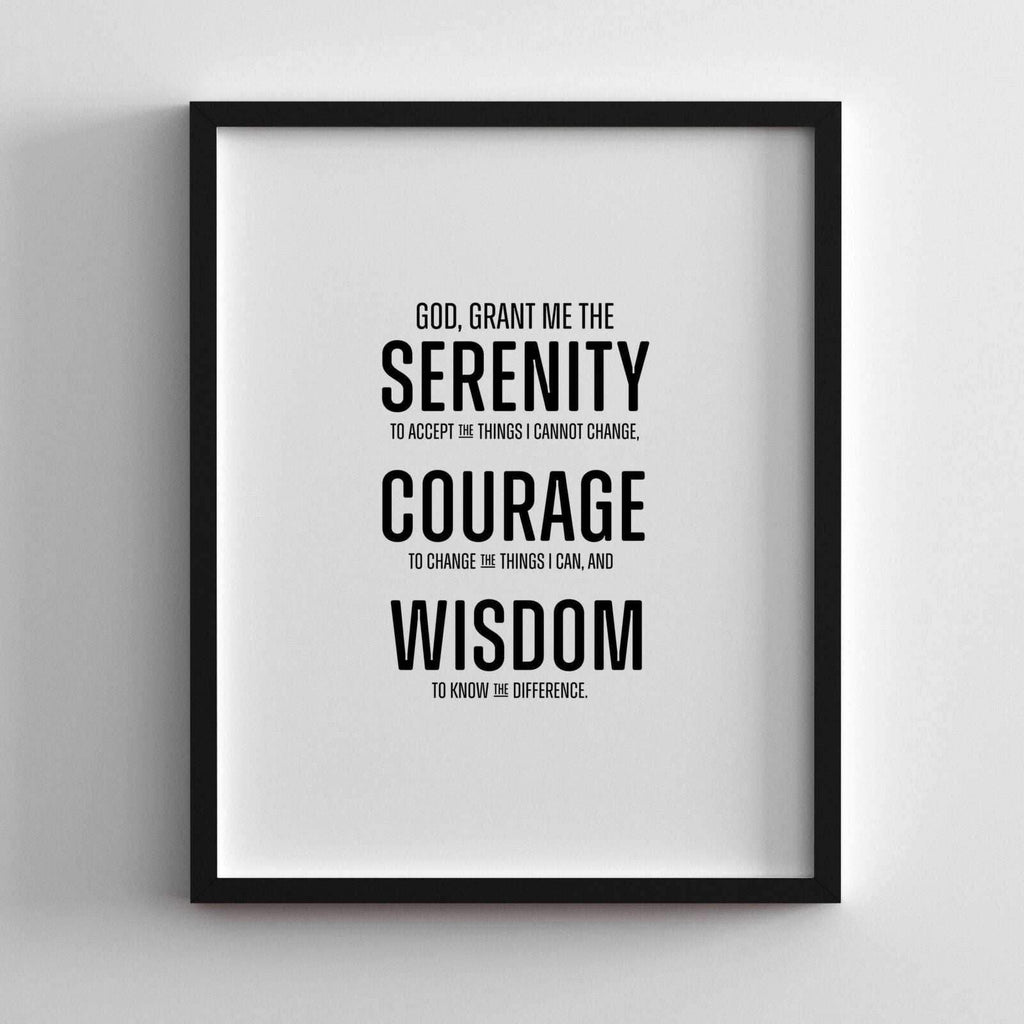 Serenity Prayer wall art in block print style with "God grant me the serenity" quote, minimalist black and white typography.