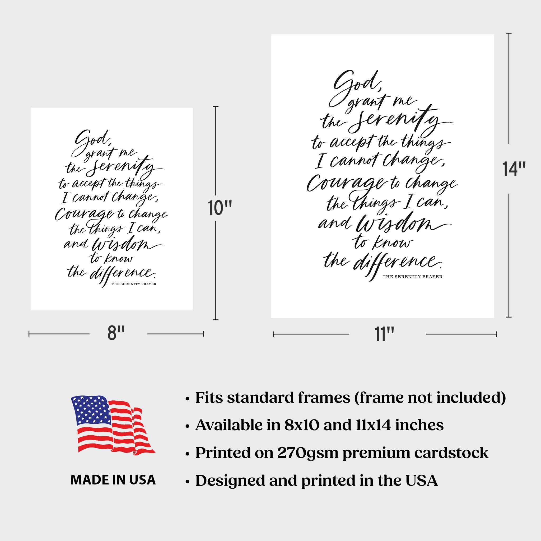 Two prints of the Serenity Prayer with dimensions and product details on a white background