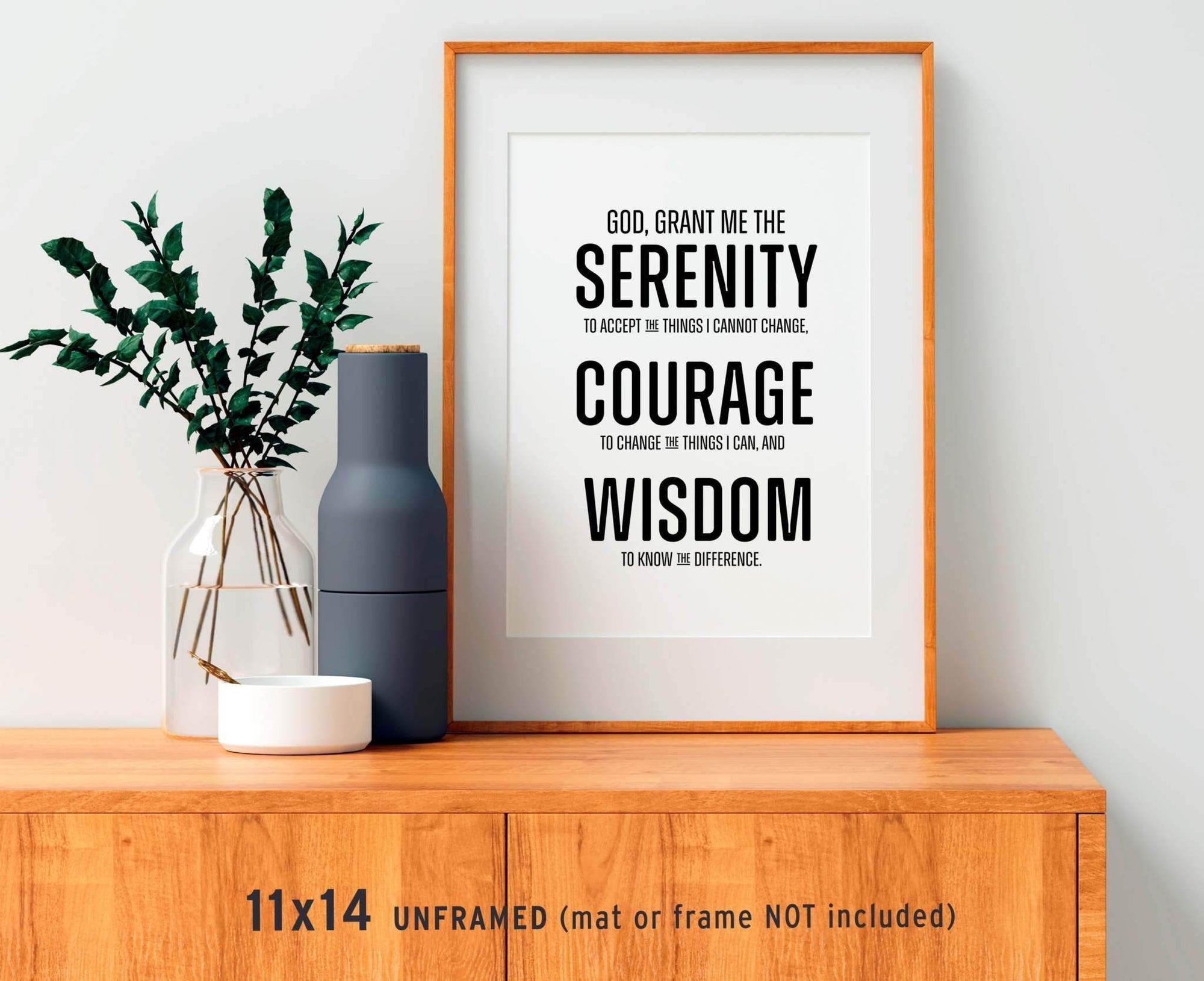 Serenity Prayer wall art in block print style on wooden shelf, black and white typography, 11x14 inches, unframed.