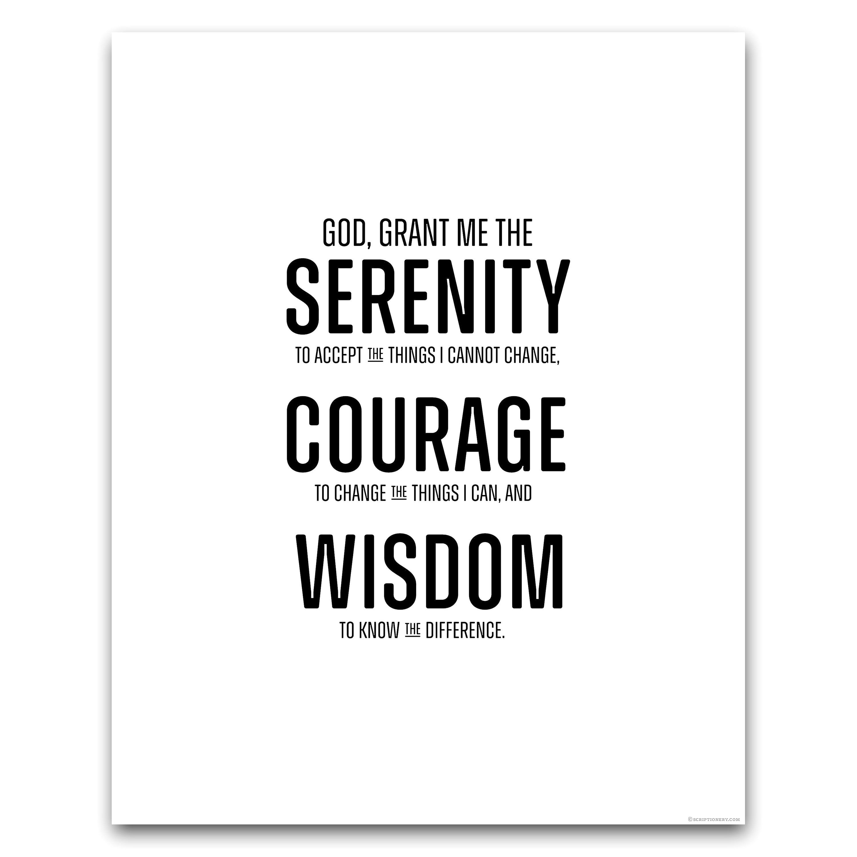 Serenity Prayer Wall Art print shown at 8x10 inches with a wide white border, the prayer set in bold modern block type.