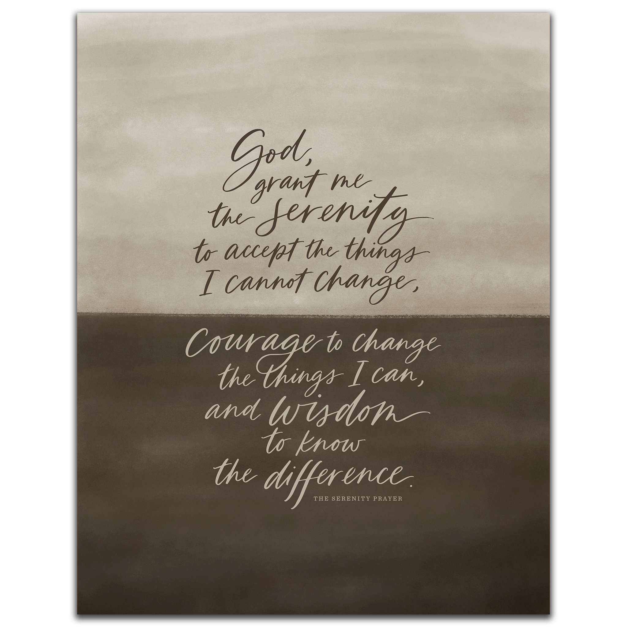 Serenity Prayer Wall Art print in the Driftwood colorway, shown at 11x14 inches, unframed. A hand-painted brown horizon gradient background with the prayer hand-lettered in white script.