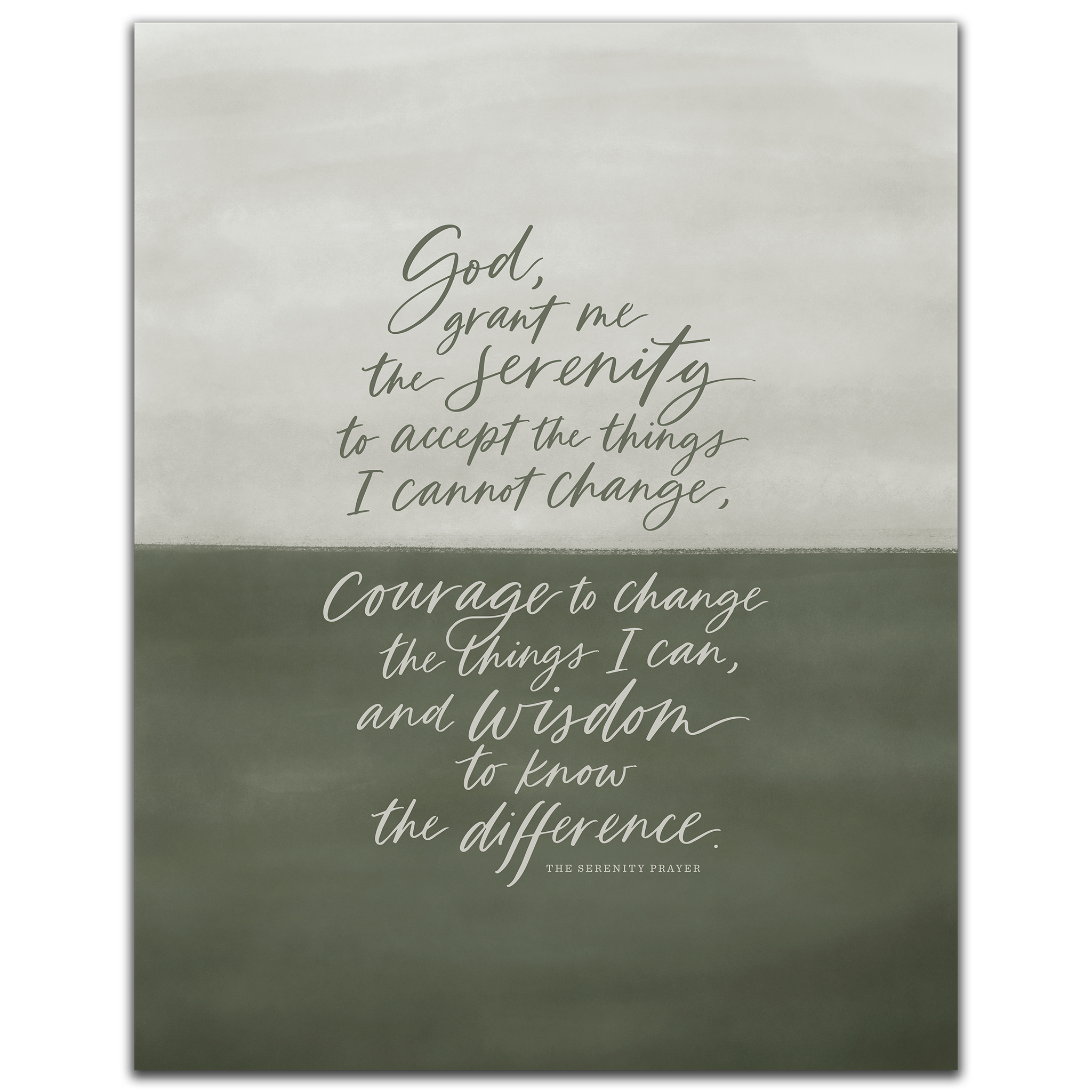 Serenity Prayer Wall Art print in the Sage colorway, shown at 11x14 inches, unframed. A hand-painted sage-to-olive green horizon gradient background with the prayer hand-lettered in white script.