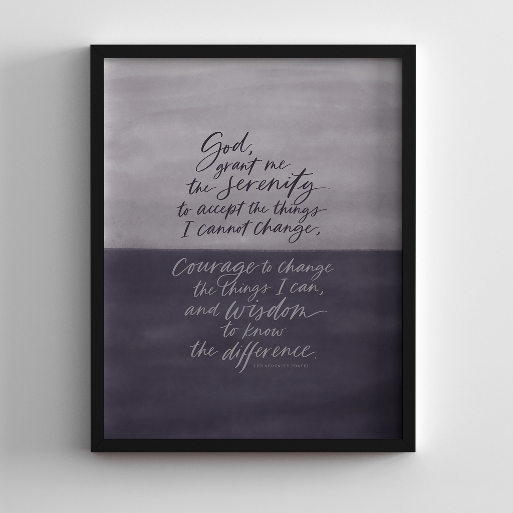Framed print with Serenity Prayer on a two-tone gray background