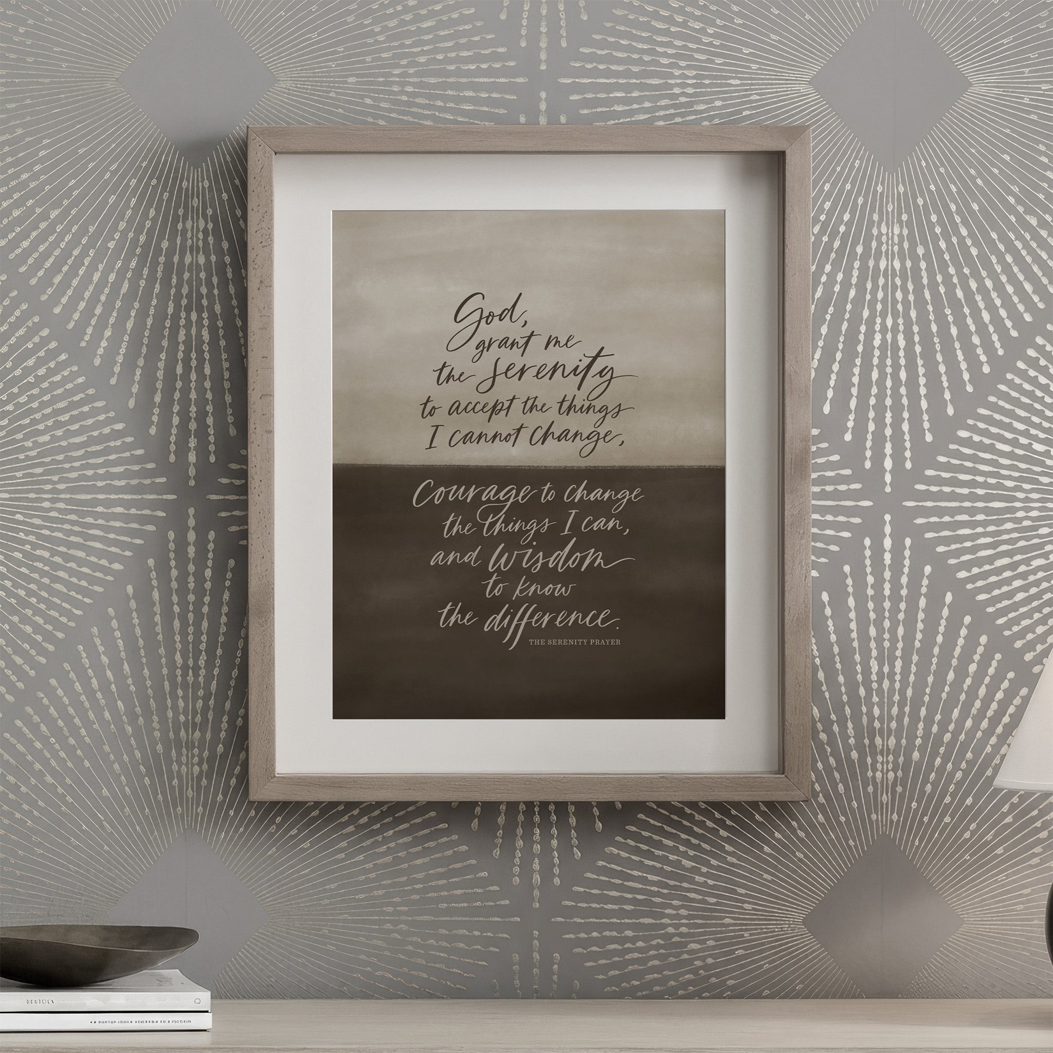 Framed Serenity Prayer Wall Art on a wall with decorative pattern