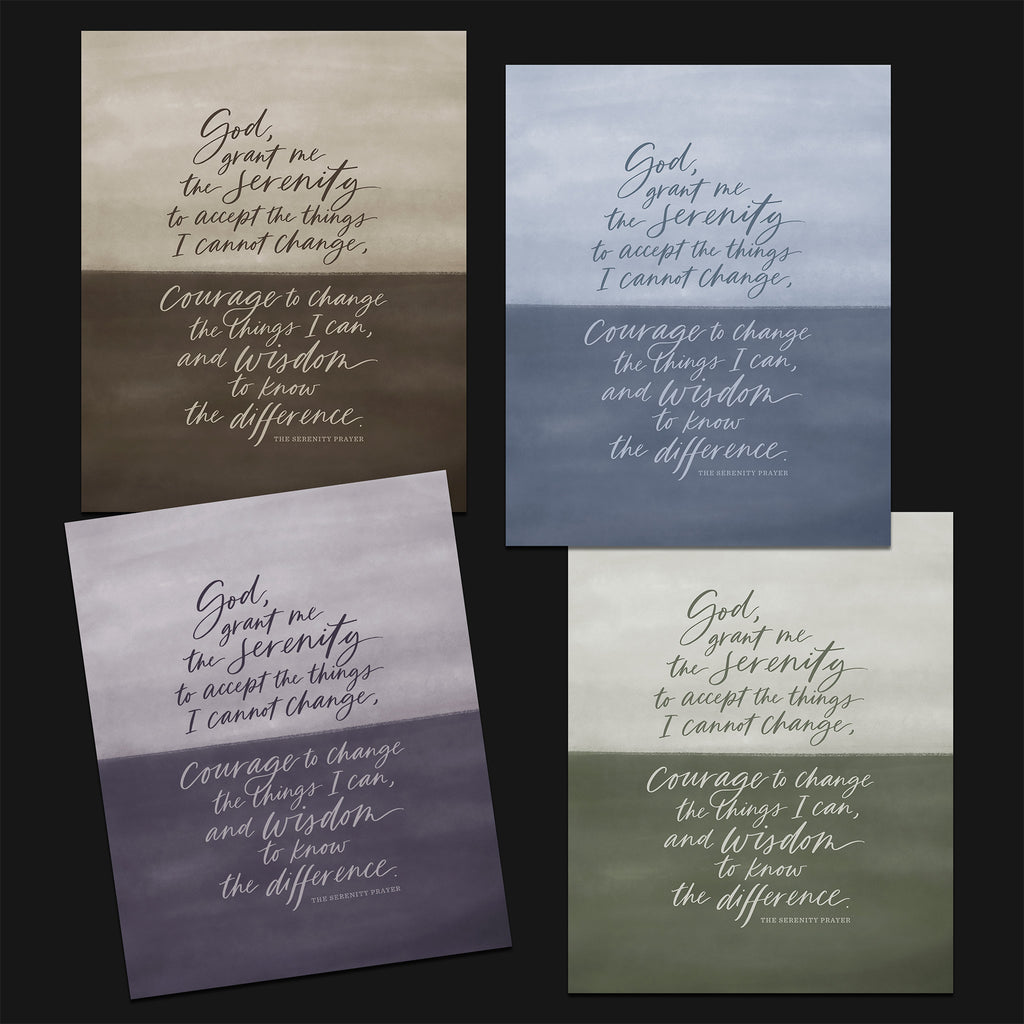 Four different color options of a Serenity Prayer print on paper.