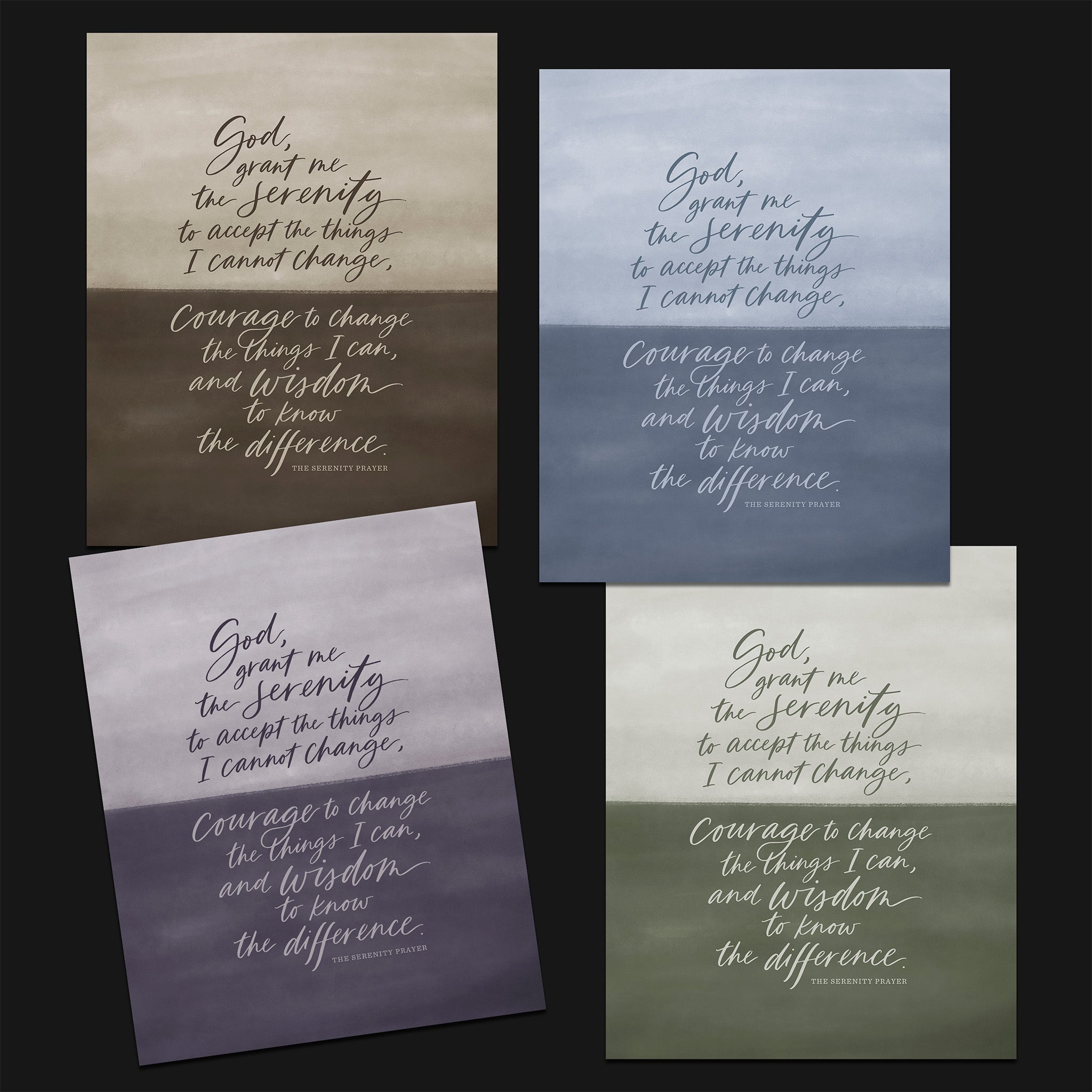 Four different color options of a Serenity Prayer print on paper.