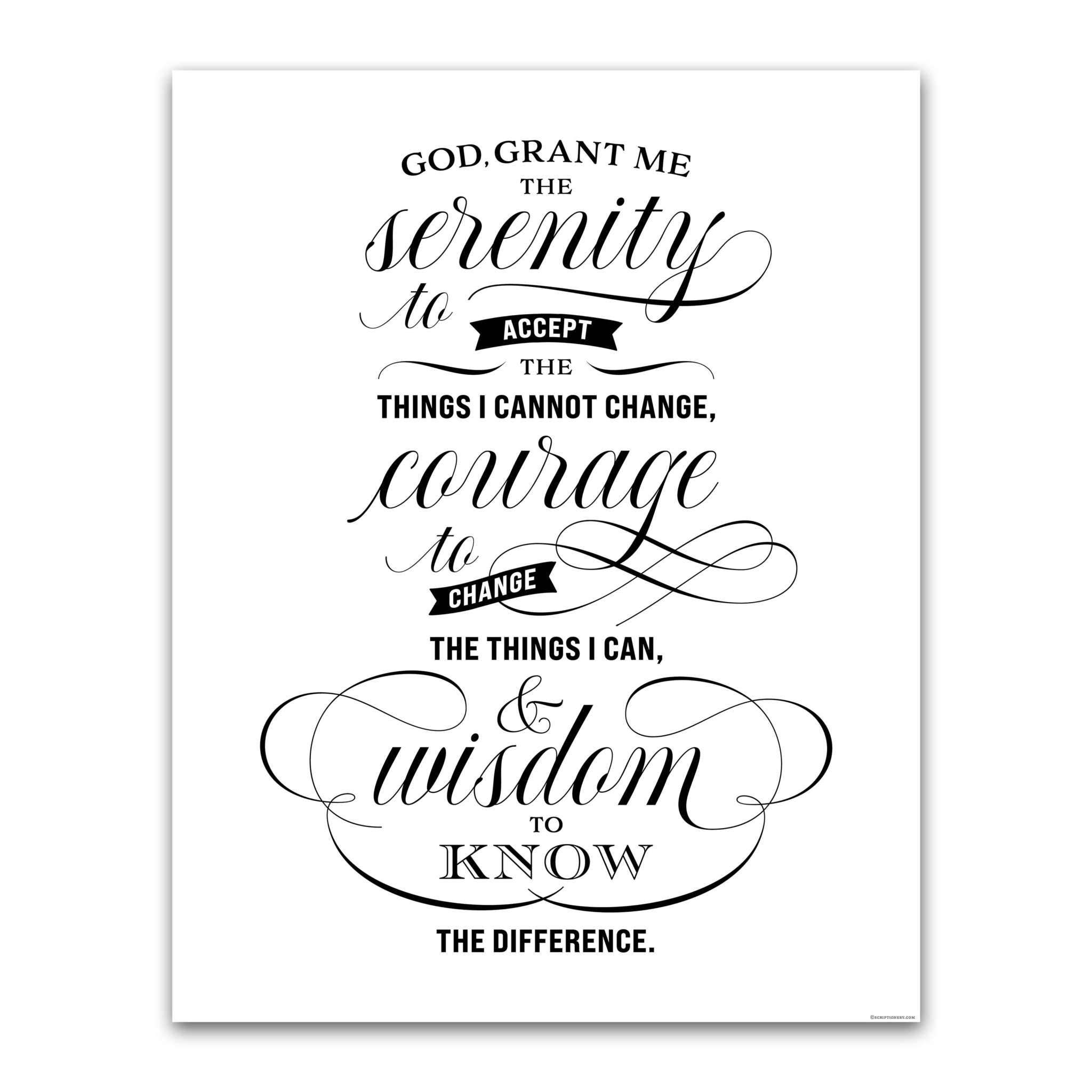 Serenity Prayer Wall Art print shown at 11x14 inches with a wide white border, the prayer lettered in elegant black script and serif type.