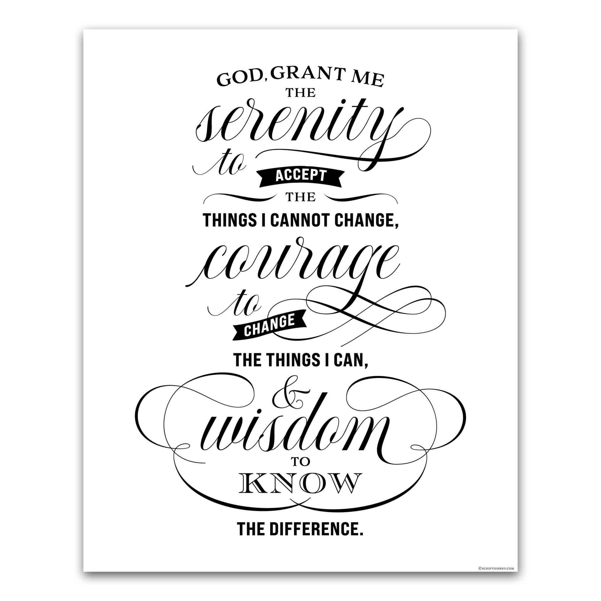 Serenity Prayer Wall Art print shown at 8x10 inches with a wide white border, the prayer lettered in elegant black script and serif type.
