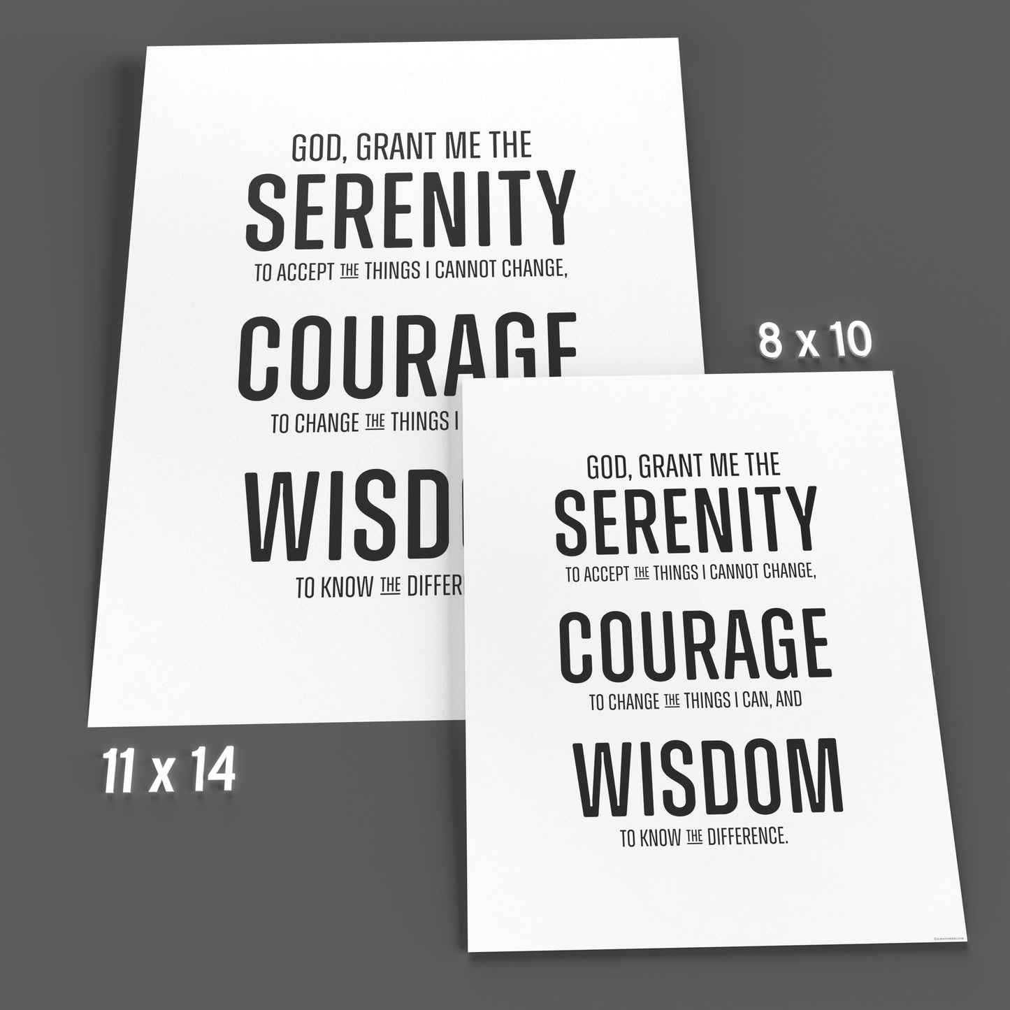 God grant me the serenity Wall Art in black and white block print style, available in 8x10 and 11x14 inches, inspirational typography decor.