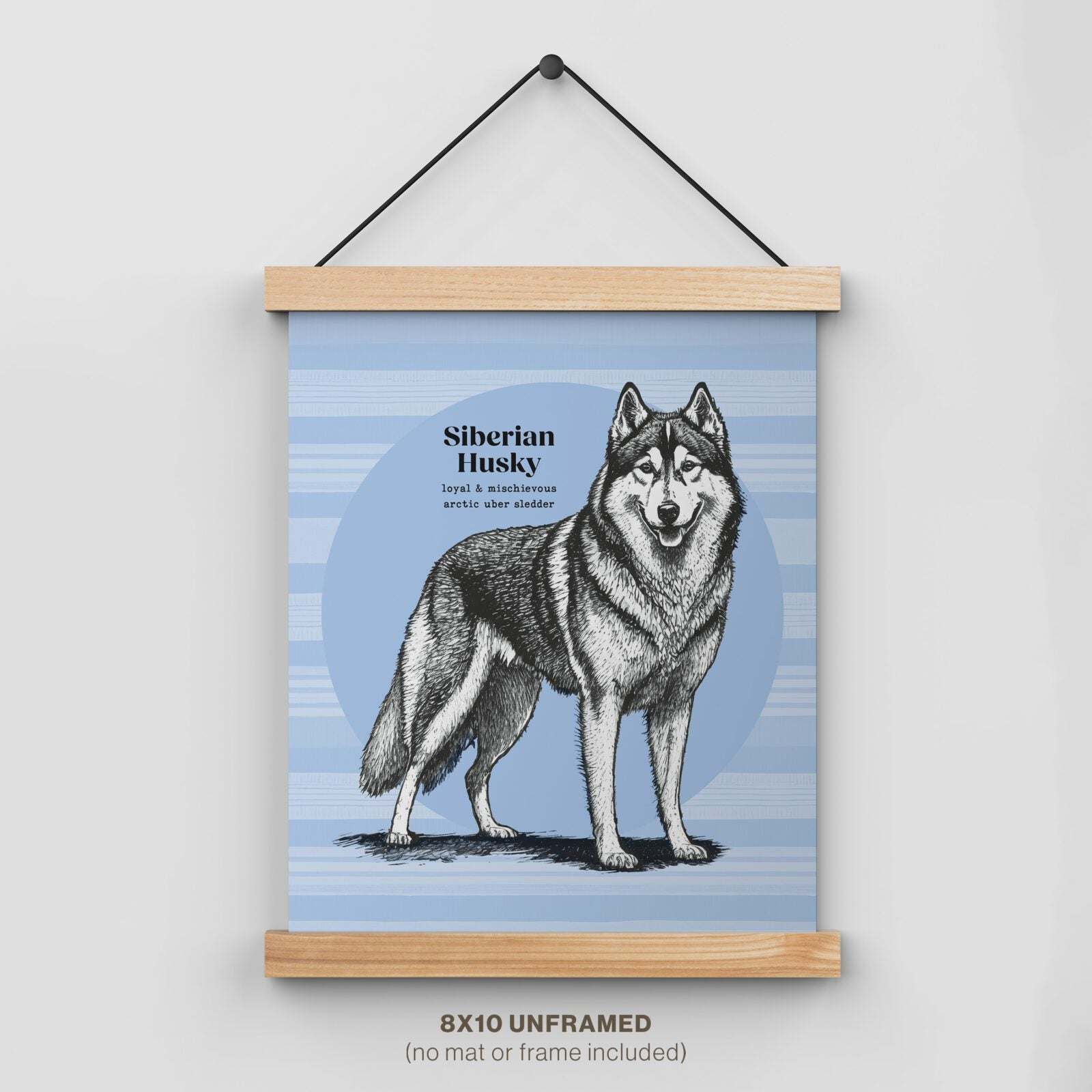 Black and white Siberian Husky wall art, playful and captivating design, 8x10 inches, unframed.