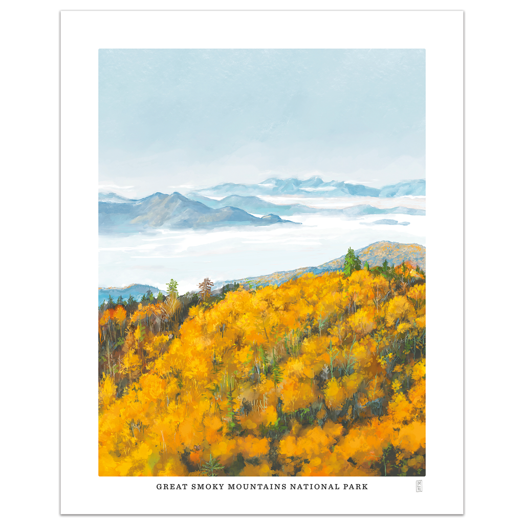 Scenic view of the Great Smoky Mountains National Park with autumn foliage and mountains in the background.