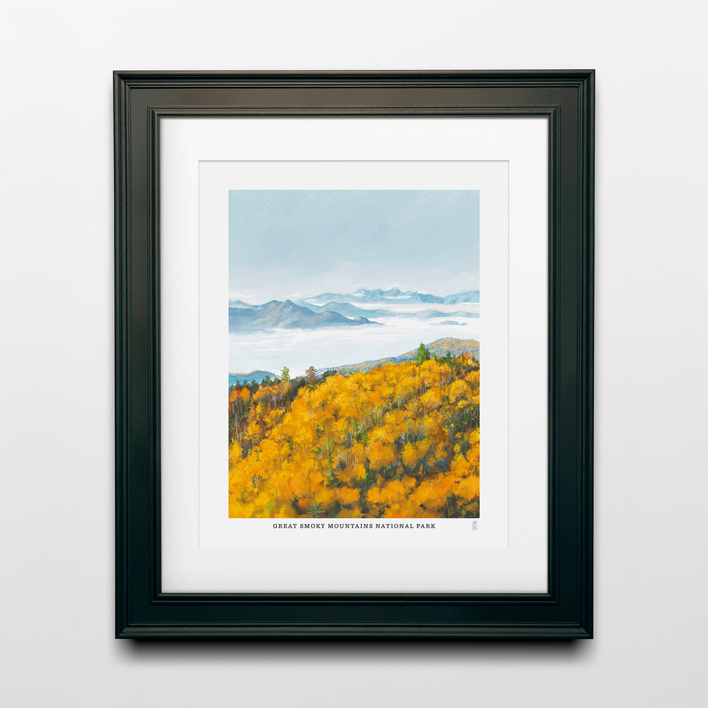 Framed print of a Great Smoky Mountain national parkscenic view with autumn trees and mountains on a white background