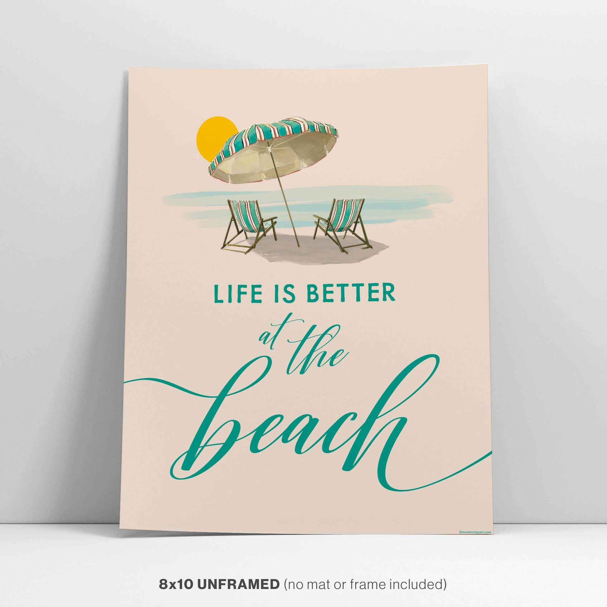"Life is Better at the Beach" coastal wall art with beach sunset design, 8x10 print.
