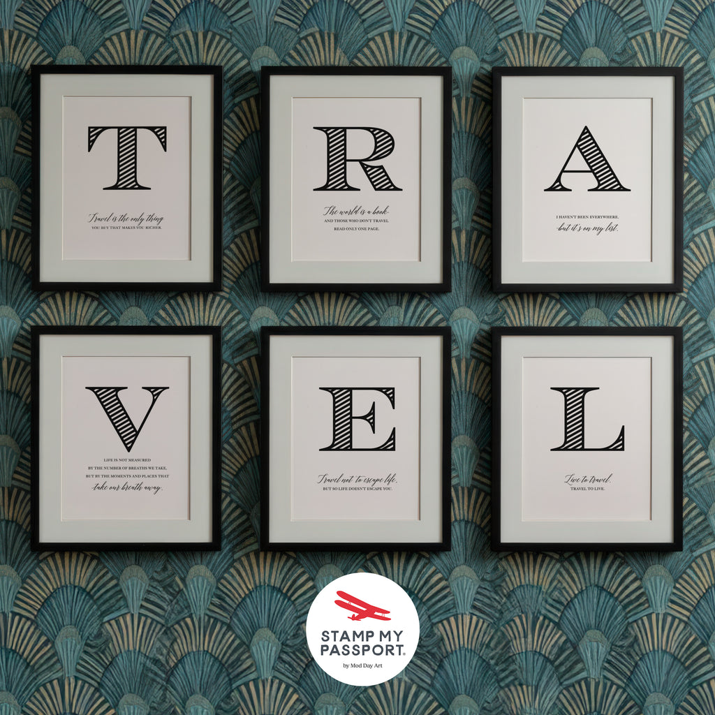 Six framed prints with letters forming 'TRAVEL' on a decorative wall.